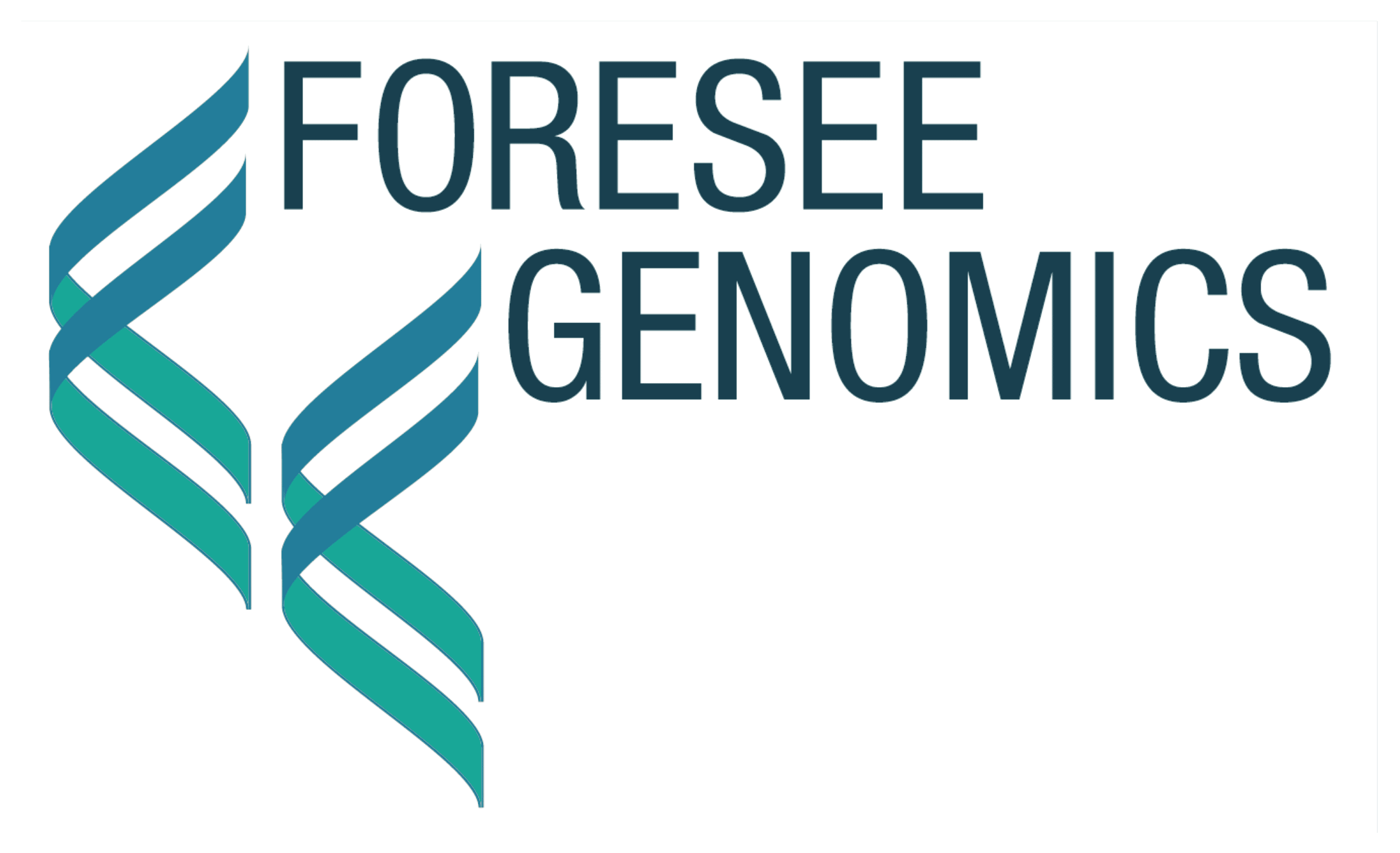 הלוגו של Foresee Genomics, הכולל שני גדילי DNA מופשטים בכחול וצהבהב לצד שם החברה באותיות מודגשות באותיות גדולות, משקף את הרוח החדשנית של החברות.