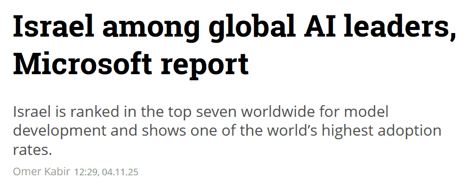 Israel among global AI leaders - Microsoft report headline